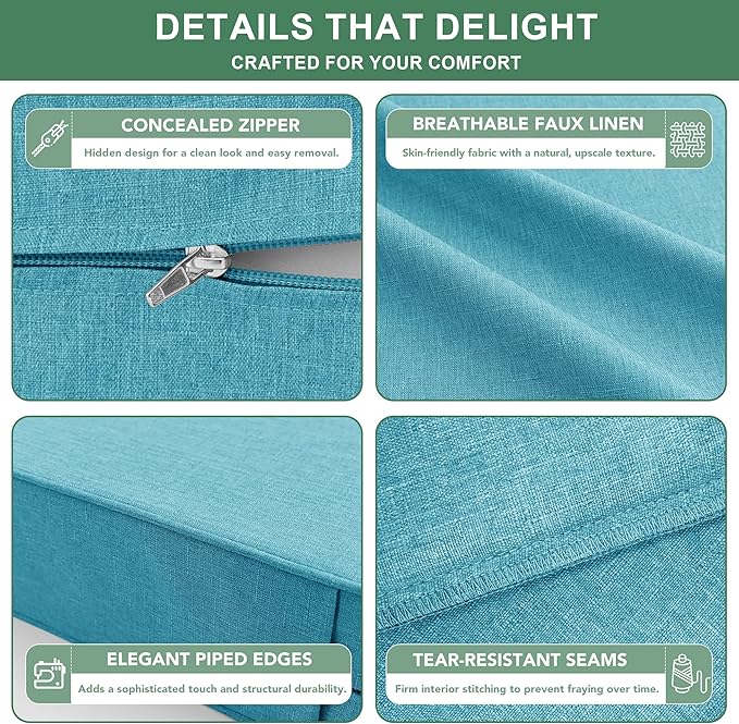 Summsun Faux Linen Outdoor Chair Cushions, Water Resistant Backrest and Deep Seat Cushion Set with Removable Cover, Straps, Non-Slip Bottom for Patio Furniture, 22 x 22 Inch, Teal, Set of 4