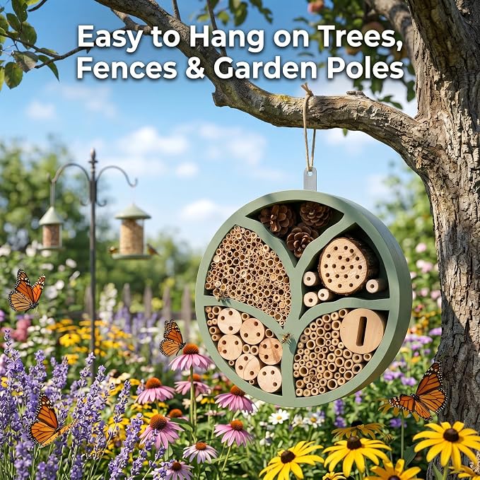 Topadorn Tree of Life Wooden Insect Hotel, 11.5" Multi-Habitat Bee House for Pollinators, Outdoor Garden Decor