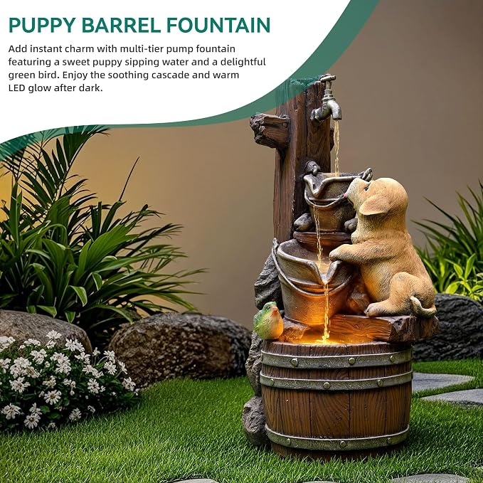 24.5" Puppy & Green Bird Outdoor Fountain, 3-Tier Pastoral Water Feature with LED Lights, Resin Buckets & Wooden Barrel Soothing Cascading Waterfall for Patio, Backyard, Garden