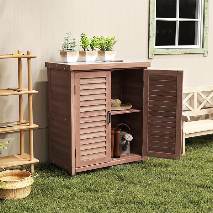 Wooden Outdoor Storage Cabinet, Outdoor Bar Table Cabinet with Storage, Outdoor Buffet Sideboard for Patio, Garden, Potting Bench, TV Stand, Bar Table, Balcony, Brown