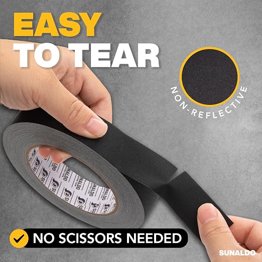 Gaffers Tape Heavy Duty, Easy to Rip, Residue-Free Professional Grade Floor Tape for Electrical Cords, Matte Finish Non Reflective, Weather Resistant (1, Black, 1" x 30 Yards)
