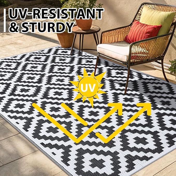 Smiry Waterproof Outdoor Rug 9X18 ft, Reversible Plastic Straw Patio Camping Rugs, Outdoor Indoor RV Mat Carpet for Patio, Outside Entry, Backyard, Deck, Bench, Picnic, Camper, Black & White