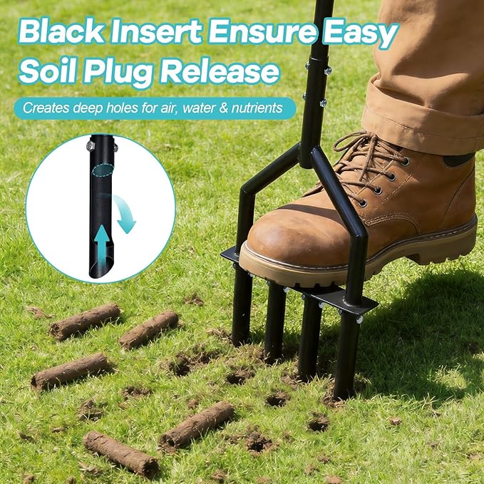 Lawn Core Aerator with 4 Detachable Hollow Tines, Pre-Assembled Manual Plug Aerator Tool with T-Handle & Foot Bar, Grass Soil Aerator for Lawn Yard Aeration & Soil Loosening
