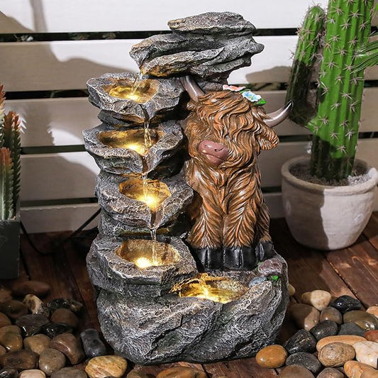 19" Highland Cow Outdoor Fountain, 5-Tier Charming Water Feature with LED Lights, Pastoral Resin Soothing Cascading Waterfall for Patio, Backyard, Garden or Porch