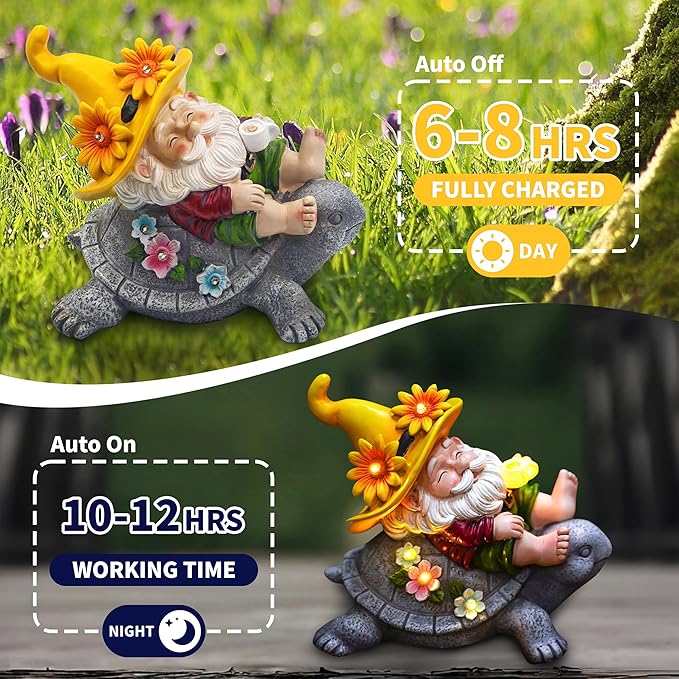 Garden Gnomes Outdoor Decor - Funny Sunflower Gnome Sitting on Turtle with Solar Lights, Gnomes Decoration for Lawn Yard Patio, Garden Gifts for Women, Mothers Day, Housewarming