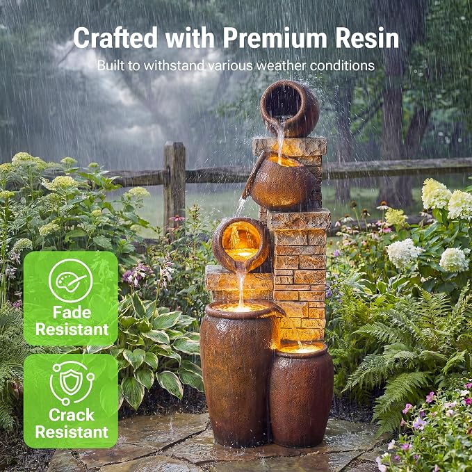 44-Inch Outdoor Water Fountain, 5-Tier Floor Standing Cascading Jars and Stacked Stones Resin Waterfall Fountain with 4 LED Lights, Home Decor for Garden, Patio, Yard, Farmhouse or Deck in Brown