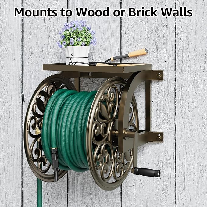 GOFORWILD Garden Wall Mount Hose Reel, Decorative Hose Reel, Garden Heavy-Duty Water Hose Holder Winder, Holds 200-Feet of 5/8-Inch Hose