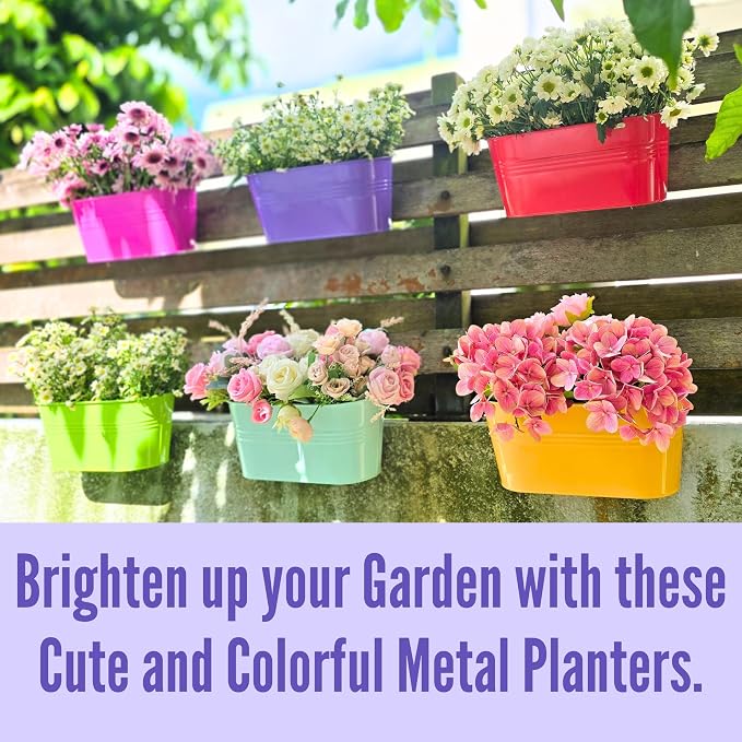 LaLaGreen Rail Planter (11.8 Inch, 6 Pack) Colorful Hanging Flower Railing Fence Balcony Gardening for Apartment Patio Planters Modern Garden Style Metal Iron Outdoor Deck Decoration Porch Decor Pots