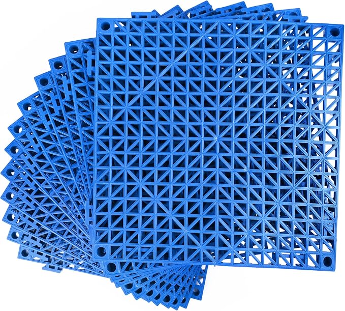 MYFAMIREA Modular Interlocking Cushion 12 Pack 11.8" x 11.8" Rubber Floor Tiles Non-Slip Splicing Drainage Mats for Deck, Pool, Outdoor Shower, Patio, Balcony, Indoor Bathroom, Kitchen, Yard (Blue)