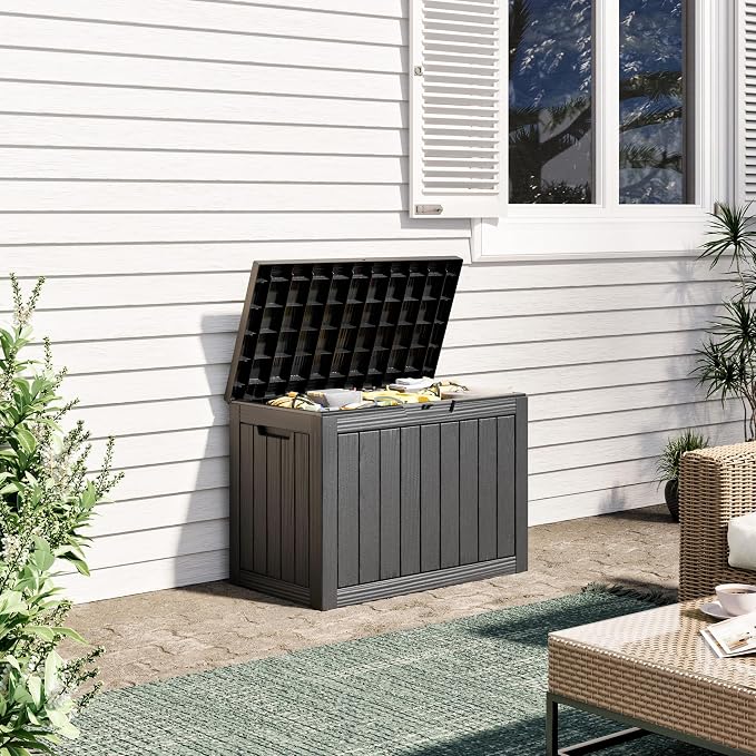 Outdoor Storage Box, 45 Gallon Resin Deck Boxes Outdoor Waterproof For Patio Furniture, Garden Tools, Pool Supplies, Lockable And UV Resistant (Striped Black)