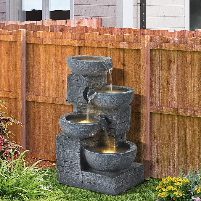 4-Tier Outdoor Garden Water Fountain, 22" H Modern Resin Cascading Bowls Fountain with LEDs and Pump, Freestanding Fountains and Waterfalls for Yard, Porch and Patio Indoor Decor (Grey)
