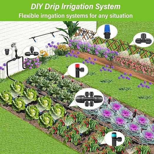 243FT Drip Irrigation Kit, Drip Irrigation System with 1/2'' Hose1/4 Drip Irrigation Tubing, 2026New Quick-Connect, Three Adjustable Nozzle Types for Garden Greenhouse Flower Bed Patio Lawn