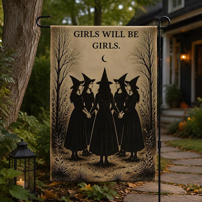 Halloween Decorations - Witch GIRLS WILL BE GIRLS Garden Flag | Halloween Party Decorations for Outdoor Indoor Outside - Trick or Treat Banner Decor for Garden Porch Patio Lawn Yard Party Favors Supplies