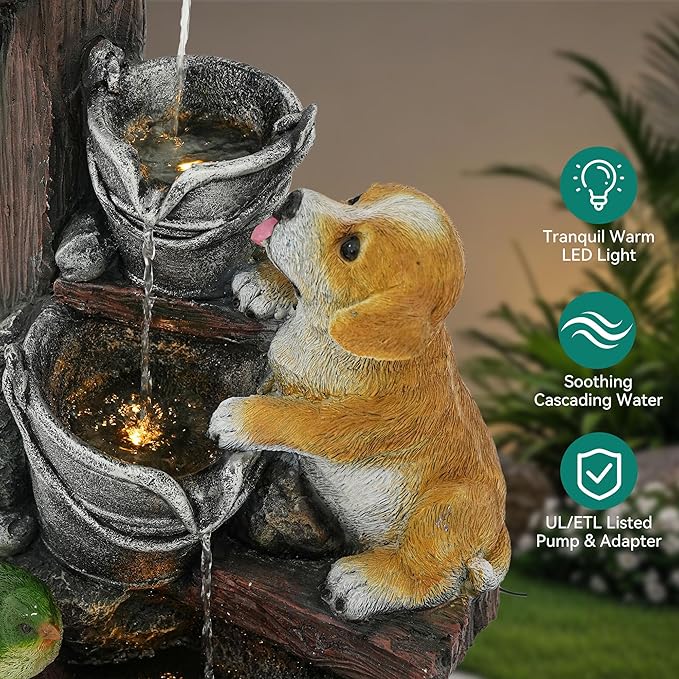 24.5" Puppy & Green Bird Outdoor Fountain, 3-Tier Pastoral Water Feature with LED Lights, Resin Buckets & Wooden Barrel Soothing Cascading Waterfall for Patio, Backyard, Garden