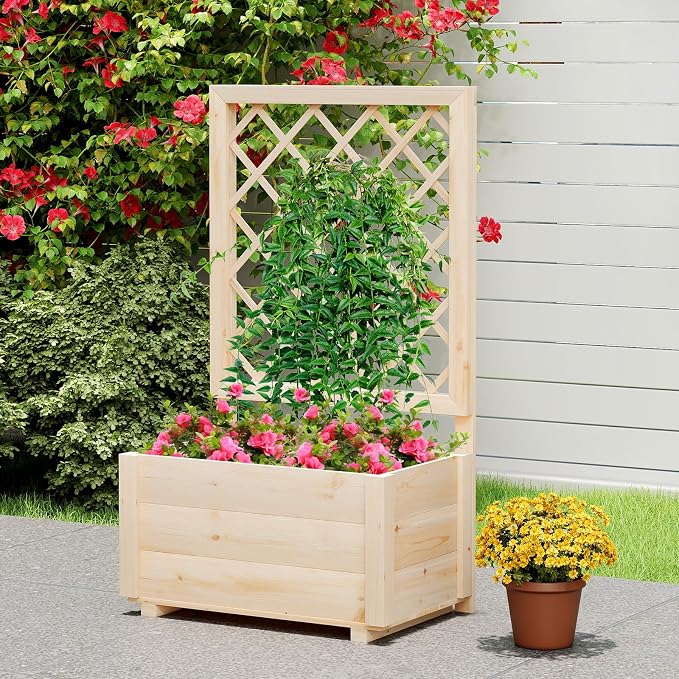 Giantex Set of 2 Raised Garden Bed with Trellis, Drainage Hole, Wood Elevated Planter Box for Climbing Vine Flower Herb Vegetable Fruit, for Indoor Outdoor Patio Balcony (23”x14”x40”)