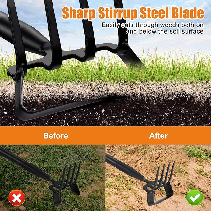 Garden Hoe With Rake, 2-In-1 Stirrup Hoe with 4-Tine Cultivator,Heavy Duty 82 Inch Long Handle Scuffle Loop Hoe For Fast Weeding, Soil Loosening ,Flower Beds, Vegetable Rows, Raised Beds