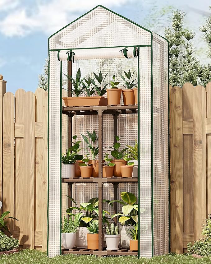 Bamworld Greenhouse for Outdoors Mini Greenhouse Indoor 3-Tier Plant Stand Portable Green Houses with PE Cover Durabled 23 x 17 x 54-Inch Wood Frame Invernaderos para Plantas