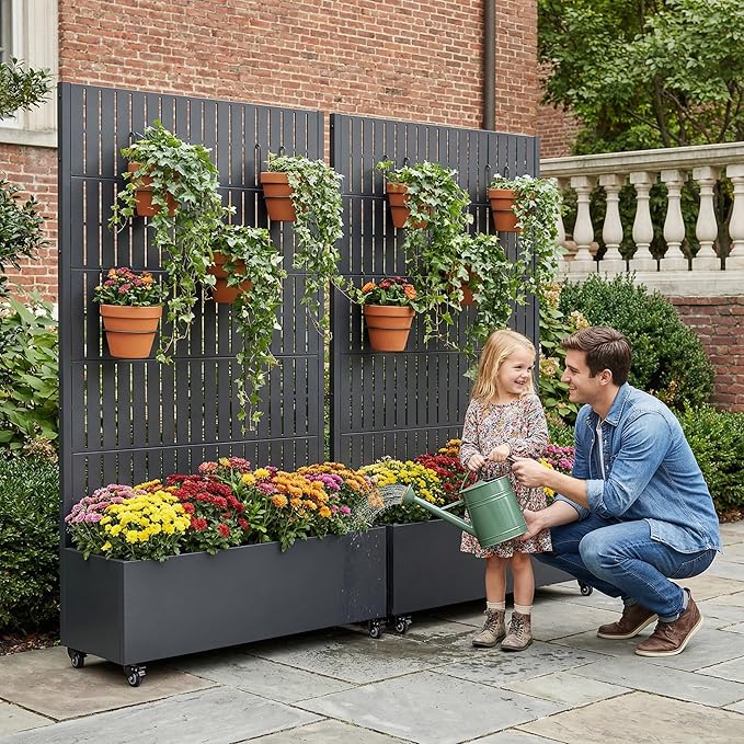 Casaphoria Metal Raised Garden Bed with Trellis and Wheels, 72"x47"x16" Planter Box for Climbing Plants, Vegetables & Vines, Features Drainage Holes and Privacy Screen (Black)
