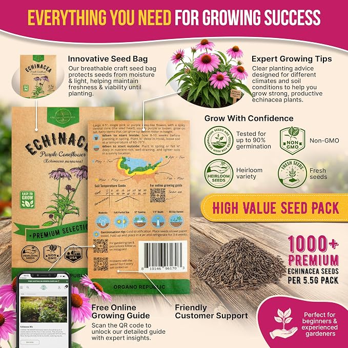 Organo Republic Echinacea Seeds Pack 5.5 G - Over 1000 Non-GMO Heirloom Echinacea Seeds for Planting Herbs in Individual Seed Packet, Herbs Seeds for Planting Home Garden Indoor & Outdoor Gardening