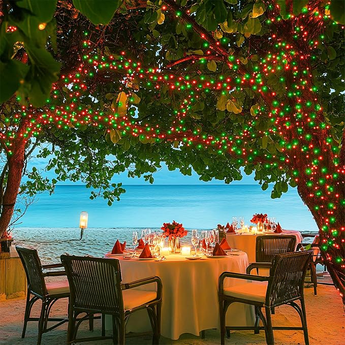 JMEXSUSS Connectable Red and Green Christmas Lights, 8 Modes 100 LED Twinkle String Lights Indoor, Clear Wire Plug-in String Lights Outdoor Waterproof