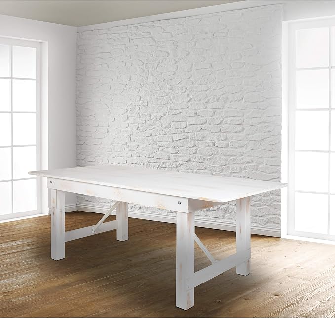 Flash Furniture HERCULES Series 8' x 40" Rectangular Antique Rustic White Solid Pine Folding Farm Table