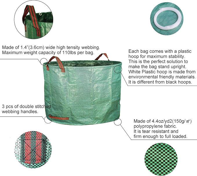 Gardzen 3-Pack 16 Gallons Garden Bag - Reuseable Heavy Duty Gardening Bags, Lawn Pool Garden Leaf Waste Bag