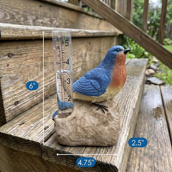 Gift Essentials Bluebird Decorative Rain Gauge Outdoor - Resin Bird Figurine on Rock Base - Removable Tube Measures Up to 5 Inches of Rainfall - Garden Decor Gift