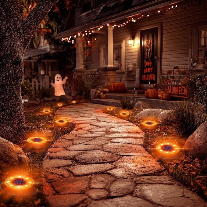 Flacchi Solar Ground Lights - Solar Powered Lights Outdoor Solar Disk Light Waterproof Landscape Light for Patio Yard Pathway Walkway Driveway (Orange, 12 Pack)