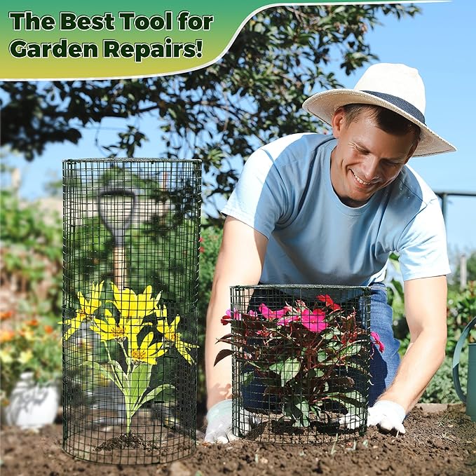 Hiboom 4 Set Garden Plant Protectors from Animals with Stakes, Metal Mesh and Detachable Covers Wire Plant Cage for Keeping Bunny Animals Out, Chicken Wire Cover Garden Protection (12x13)