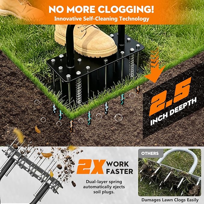 Lawn Aerator Tool with 15 Sharp Spikes, Manual Grass Aerator for Yard with Automatic Soil Ejection & Dual-Layer Spring, Heavy Duty Metal Garden Aerator for Soil Loosening, Pre-Assembled