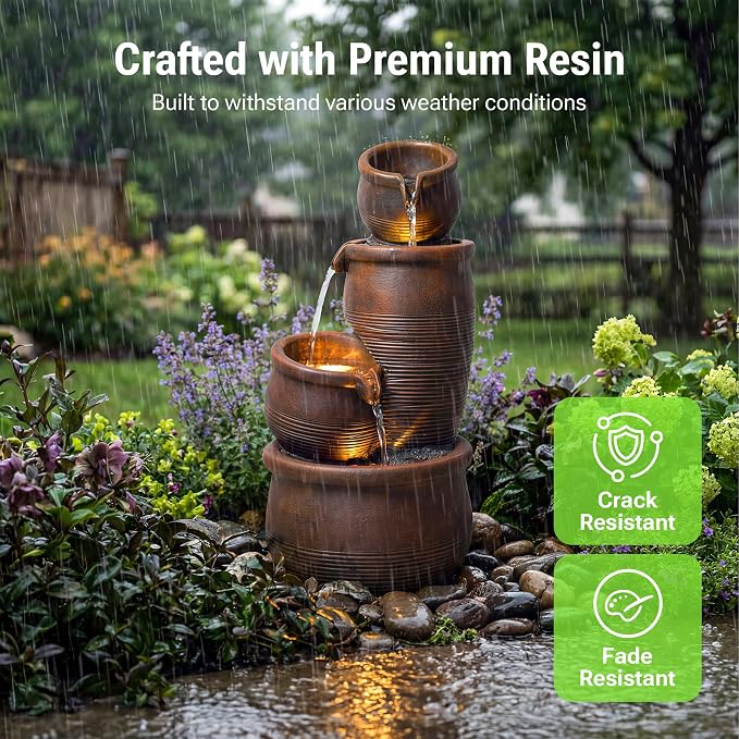 24-Inch Outdoor Water Fountain, 4-Tier Cascading Crocks Resin Garden Waterfall Fountain, with 3 Warm LED Lights, Home Art Decor for Patio, Backyard, Deck, Porch, Farmhouse or Lawn in Brown