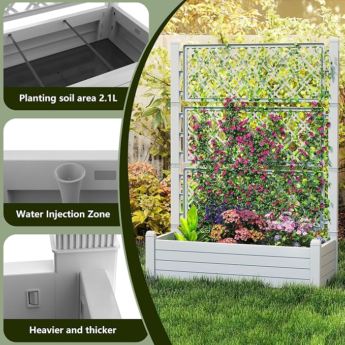 EasyUp 21 Gallon Raised Garden Bed with Trellis for Climbing Plants, Anti-Rust Resin Outdoor Planter Box with Drainage Holes for Backyard Patio Balcony (Ashen)