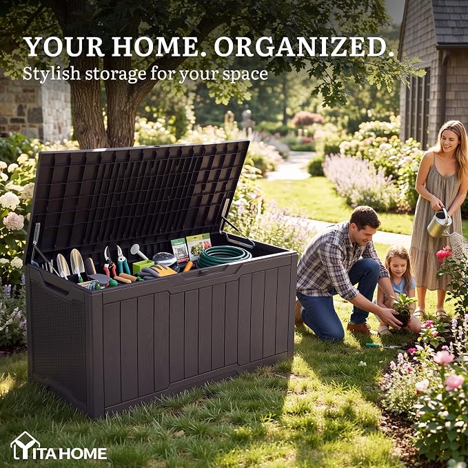 YITAHOME 100 Gallon Outdoor Storage Box, Large Water Resistant Resin Deck Box, Indoor Outdoor Lockable Storage Container for Patio, Garden, Cushions, Tools, Equipment (Dark Brown)