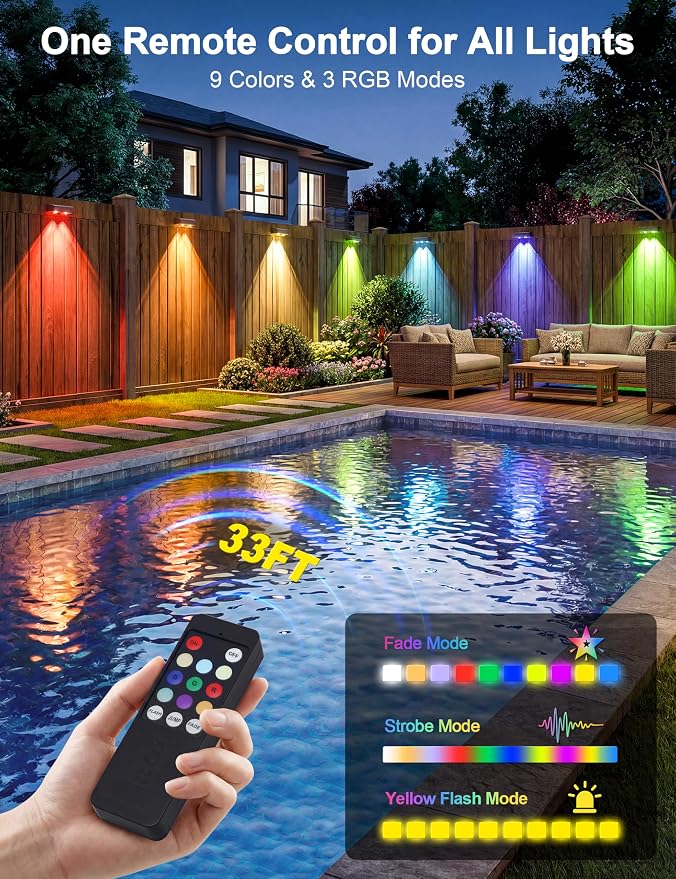 JOFIOS Solar Fence Lights with Remote, Warm White, Cool White and RGB Color Glow LED Outdoor Wall Lights, IP65 Waterproof Solar Lights for Fence, Backyard, Railing, and Deck, Home Improvement, 16 Pack