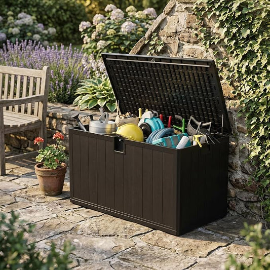 130 Gallon Resin Deck Box, Waterproof & Lockable Patio Storage Box with Hydraulic Lid for Outdoor Garden Tools, Pool Accessories & Cushions