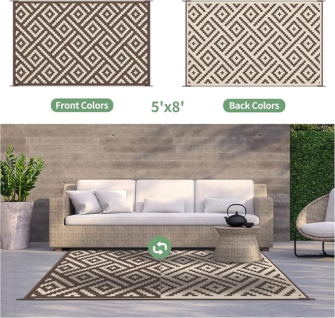 GENIMO 5'x8' Outdoor Rug Waterproof, Reversible Mats, Outdoor Area Rug, Plastic Outside Carpet, Geometric Rv Mat for Patio Camping Rv Picnic Backyard Deck Balcony Porch Beach Trailer (Coffee&Beige)