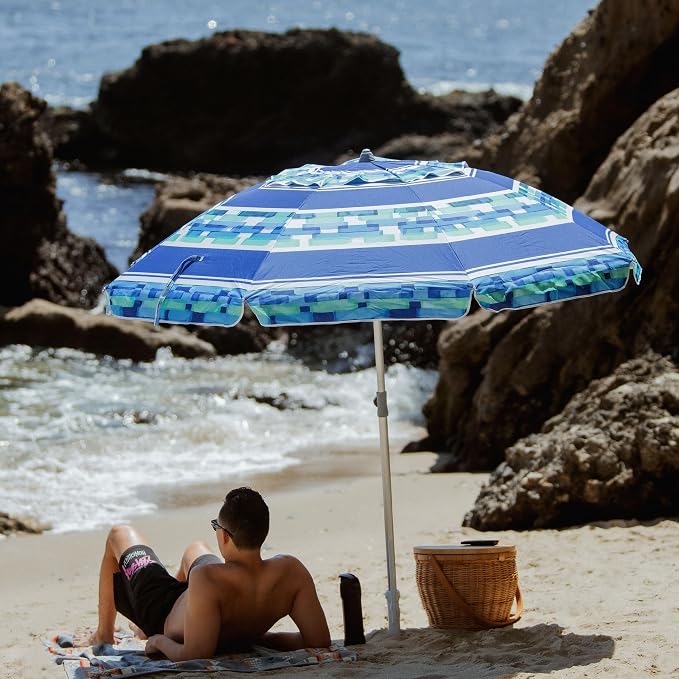 AMMSUN 7ft Heavy Duty Windproof Portable Beach Umbrella with Sand Anchor Vent Adjustable Height with Tilt Aluminum Pole, Portable UV 50+ Protection Carry Bag for Patio Garden Beach Pool Backyard
