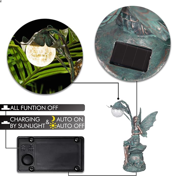 TERESA'S COLLECTIONS Garden Statues Fairy Sculptures & Statues, Outdoor Solar Light Garden Decor Resin Patina Bronze Figurines for Outdoor Decor, Valentines Decorations Gifts for Women Mom, 13.8''
