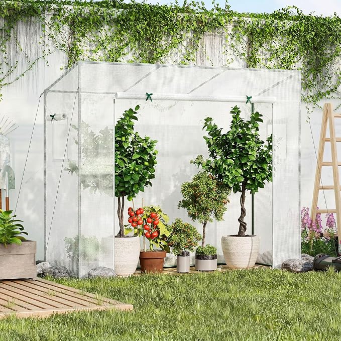 Giantex Walk-in Greenhouse, 4 Ground Stakes & Ropes, Outdoor Portable Mini Greenhouse w/ PE Cover, Heavy-Duty Metal Frame, Roll-up Zipper Door, Double-Layer Screen Windows, 6.6 x 2.5 x 5.6 FT