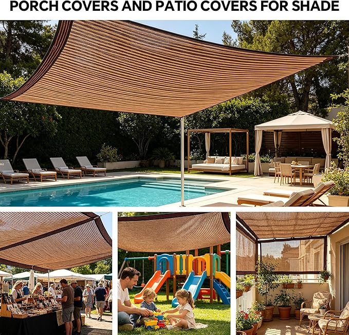 90% Sun Shade Cloth with Grommets, 8' x 12' Pergola Shade Cover Canopy, Breathable HDPE Mesh Tarp for Patio, Garden, Backyard, Porch and Outdoor Privacy, Mocha