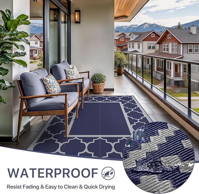 GENIMO 6' x 9' Outdoor Rug Waterproof for Patio Decor, Foldable Reversible Plastic Straw Area Rugs Mat for Camper, Outside Carpet for Rv, Deck, Porch, Picnic, Beach, Balcony, Blue & Grey