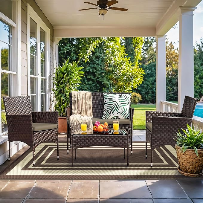 GENIMO 6' x 9' Outdoor Rug Waterproof for Patio Decor, Reversible Plastic Straw Area Rugs Mat for Camper, Outside Carpet for Rv, Deck, Porch, Picnic, Balcony, Mix-Coffee & Beige