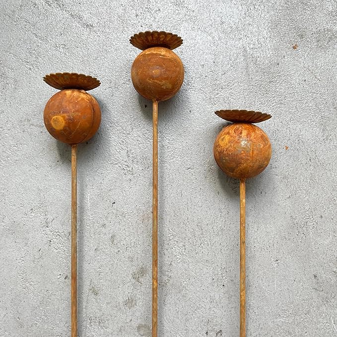 Rustic Metal Coneflower Garden Stakes, Set of 3, Rusted Iron Daisy Yard Art, 24x1.5 Inch, Weather-Resistant Lawn Pathway, Patio Decor (Coffee)