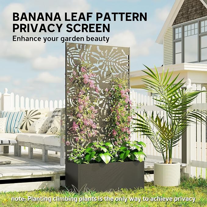 Outsunny Metal Planter Box with Trellis, 71" Tall Raised Garden Bed with Trellis Privacy Screen and Drainage Holes, Banana-Leaf Cut-Out Outdoor Privacy Planter for Climbing Plants, Vegetables, Vines