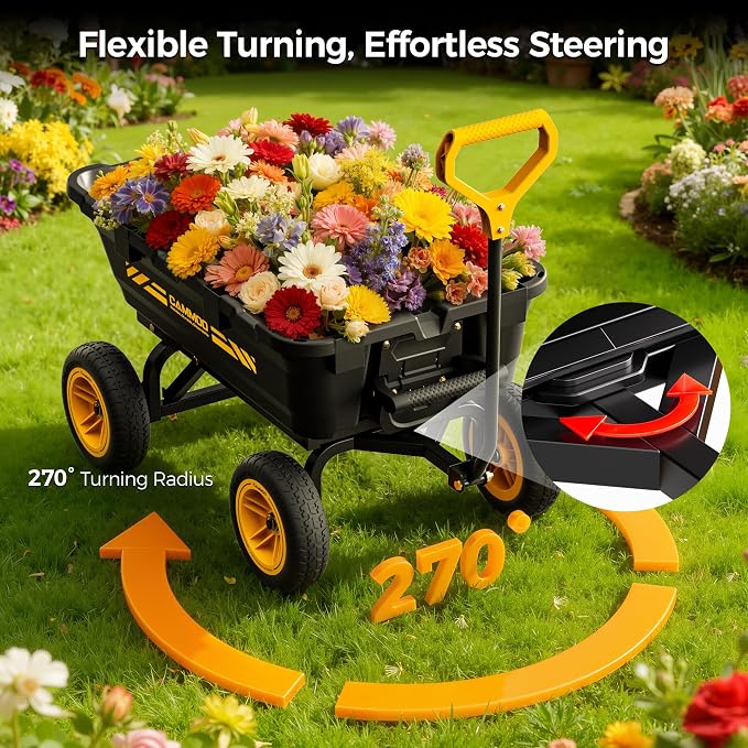 CAMMOO 10in NO-FLAT TIRES 900lb Heavy-Duty Garden Dump Cart DIY Expandable Capacity Over 4 Cu.Ft. Utility Wagon with Quick-Release Dumping & Prime Grade 100% Virgin Polypropylene-Not Recycled Material