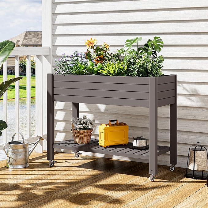 33.7" Tall Raised Garden Bed with Wheels, Divisible Resin Planter Box with Drainage Gauge & Storage Shelf, Herb Planter for Garden Patio Backyard, Light Brown (33.7" h)