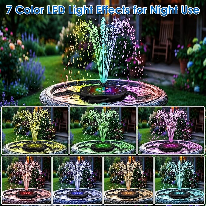 Solar Fountain with LED Lights, Solar Bird Bath Powerd Fountain Works in Cloudy & 2000mAh Battery Backup, 4 Fixed Rods, 7 Nozzles, Outdoor Water Fountain for Brid Bath, Garden, Pool, Pond