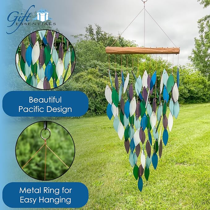 Blue Handworks Deluxe Pacific Waterfall Glass & Driftwood Chime, Sandblasted Glass and Found Wood Handcrafted Wind Chime