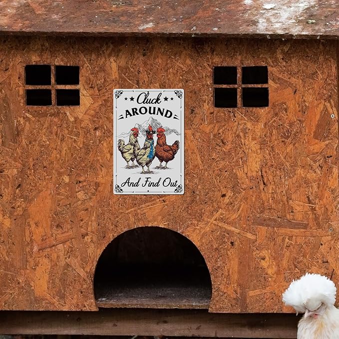 Putuo Decor Funny Chicken Sign Cluck Around And Find Out Metal Tin Sign Funny Wall Decor For Farmhouse Chicken Coop For Garden Decor Vintage Metal Tin Sign Plaque Outdoor Decor 12x8 Inch
