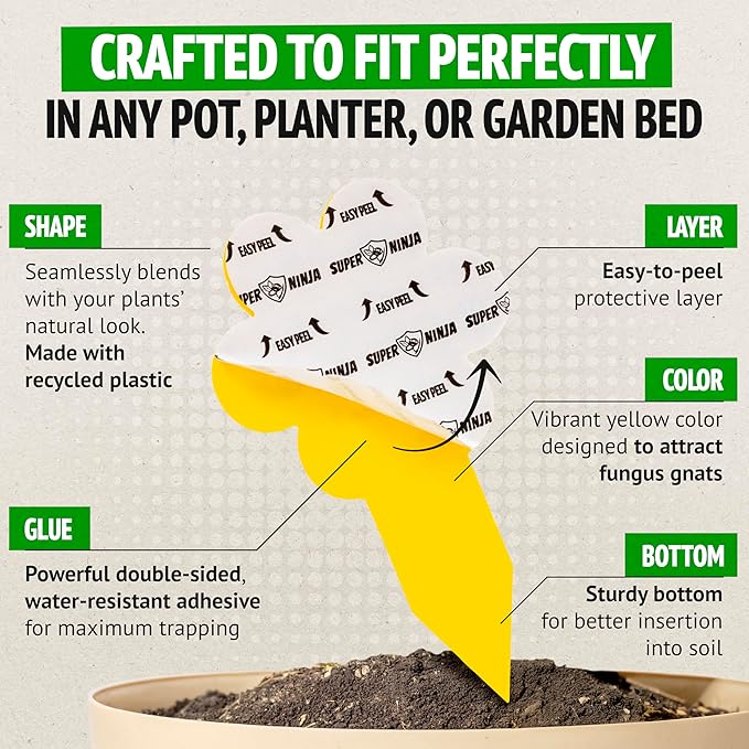 Super Ninja Fungus Gnat Traps - 30 Pack, Highly Effective Gnat Traps for House Indoor, Yellow Sticky Trap for Plants, Non-Toxic & Nature-Friendly, Up to 3 Months